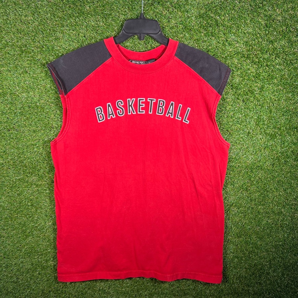 Highland Outfitters Mens XL Red Black Basketball Graphic Sleeveless Muscle Shirt
